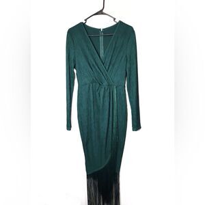 Vintage Inspired Emerald Green Faux Wrap Fringe Flapper Midi Dress